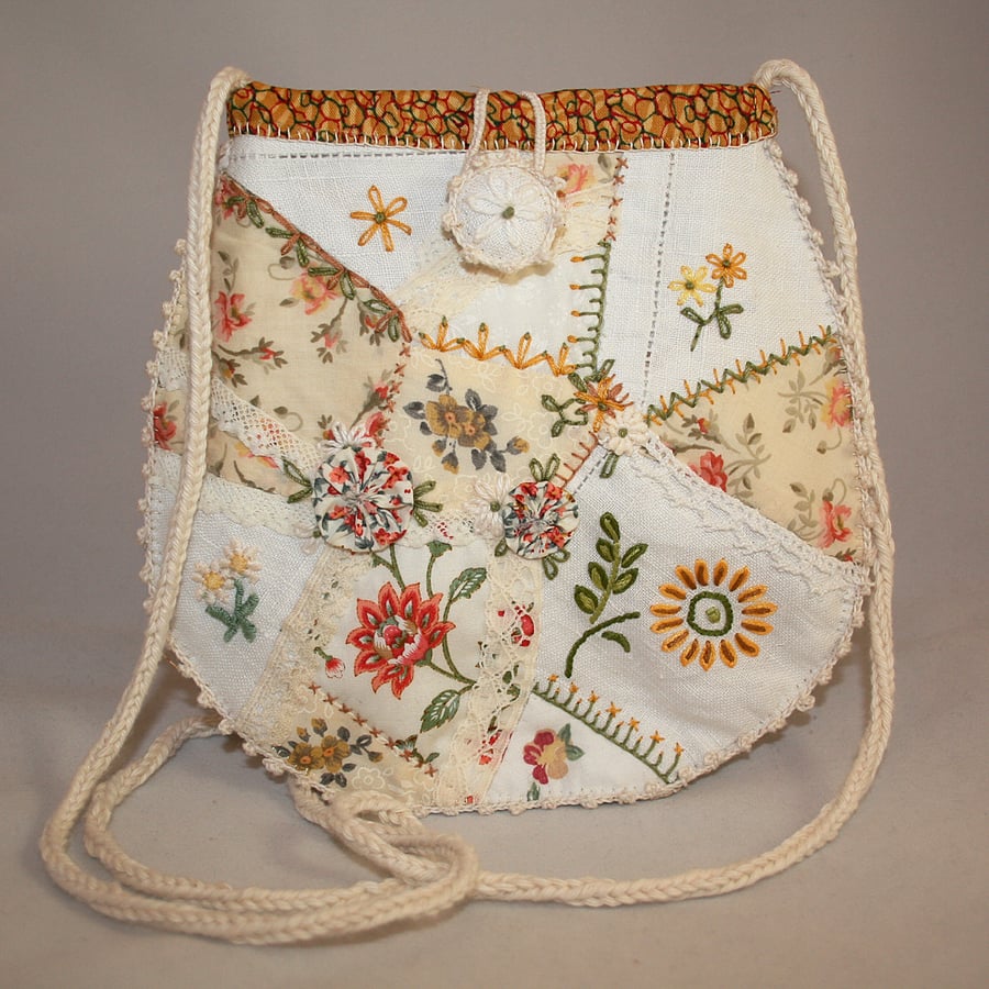 Crazy patchwork bag - white and yellow from vintage linens