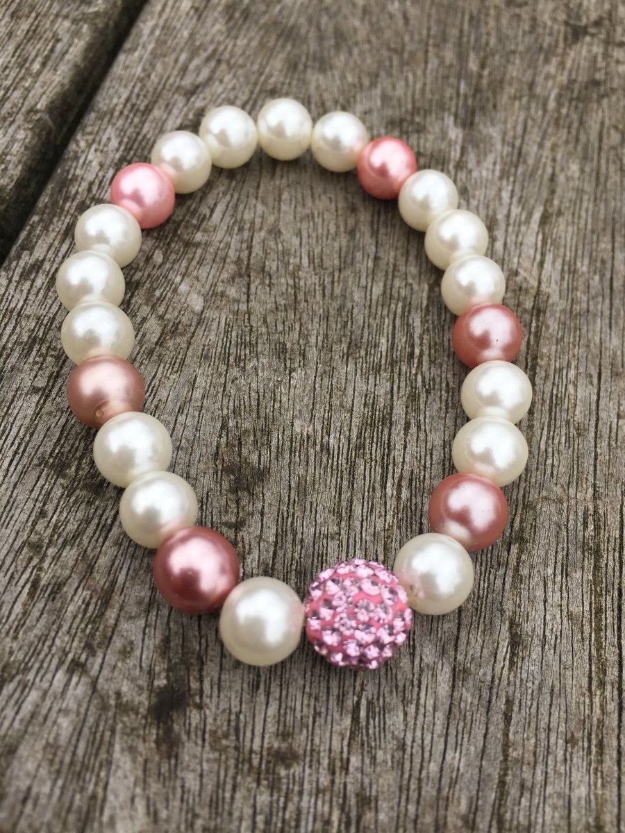 Pink and white pearls and pink shamballa bracelet