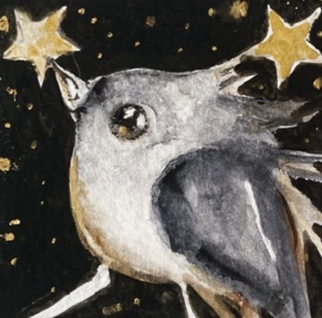 ACEO Original Whimsical Bird catching a Star at Night Watercolour 
