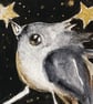 ACEO Original Whimsical Bird catching a Star at Night Watercolour 