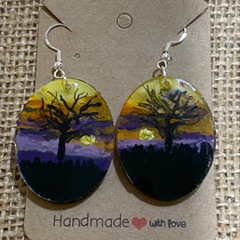 Pair Of Handmade And Hand-painted Sunset Acrylic Oval Earrings