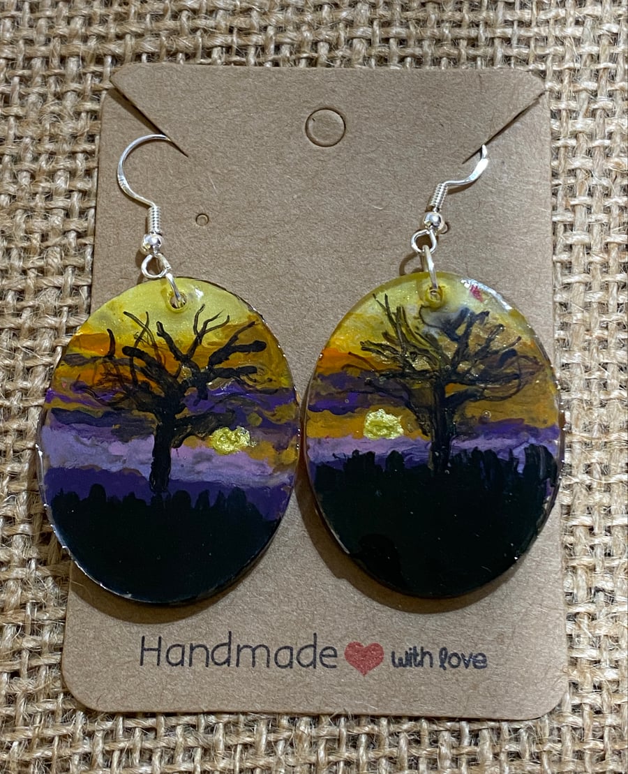 Pair Of Handmade And Hand-painted Sunset Acrylic Oval Earrings