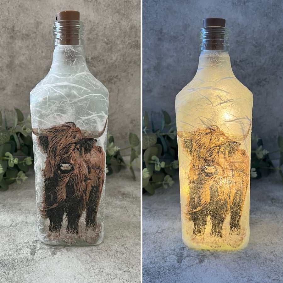 Decoupage Gin Bottle Light: Highland Cow - Home Decor, Rustic, Light up bottle