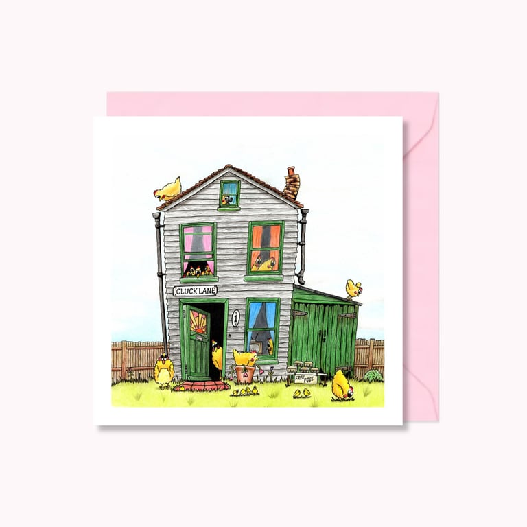 Whimsical Chicken Coop Greeting Card: Hen House Pencil Illustration (225)