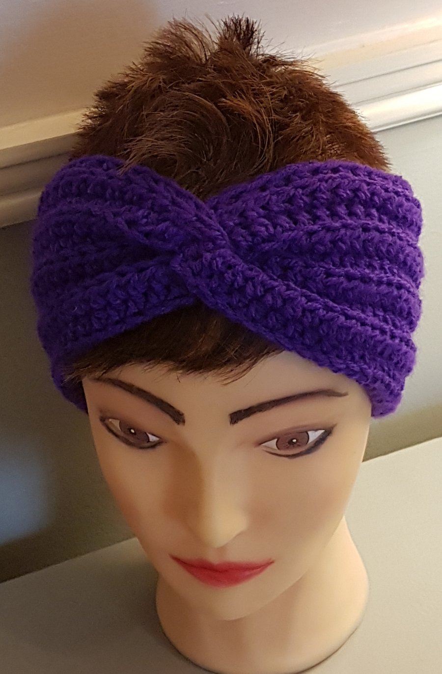 Hand crochet twisted Purple ear warmer hair band Size Medium 