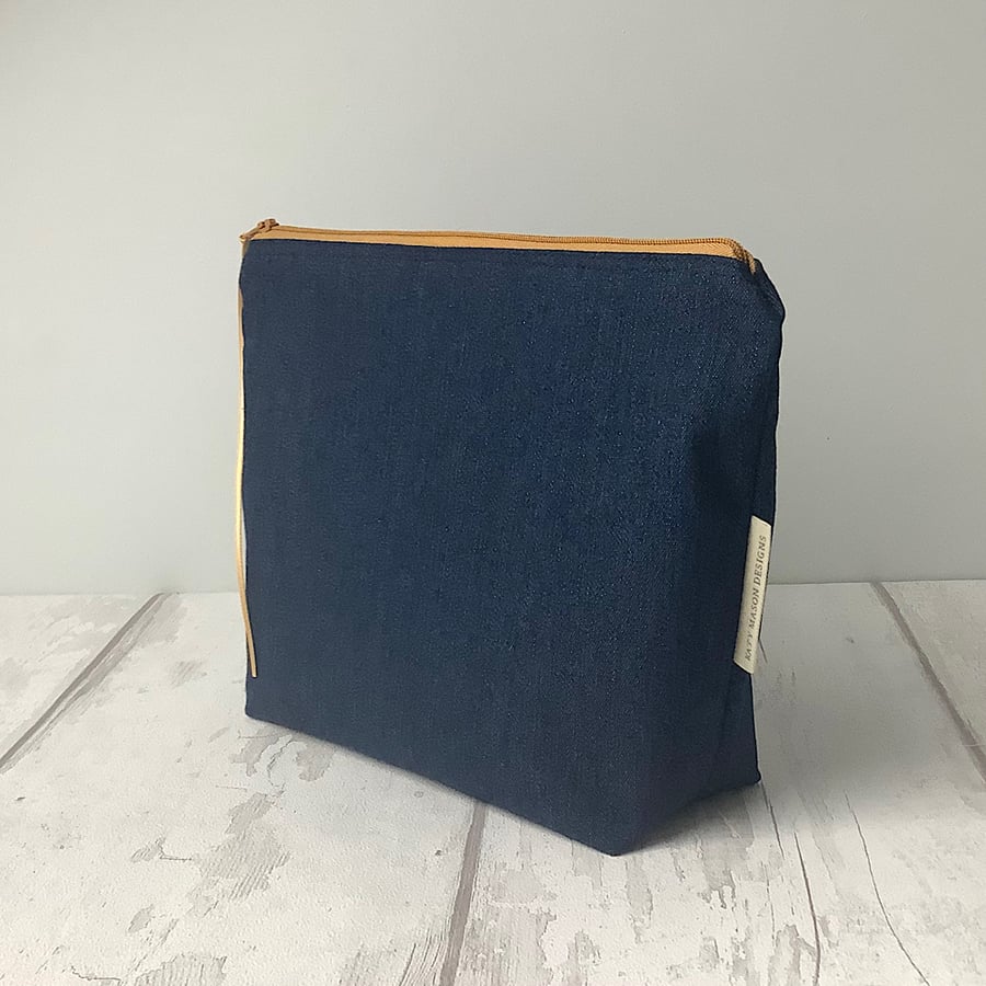 Navy Denim Cosmetic Bag - Floral Lining