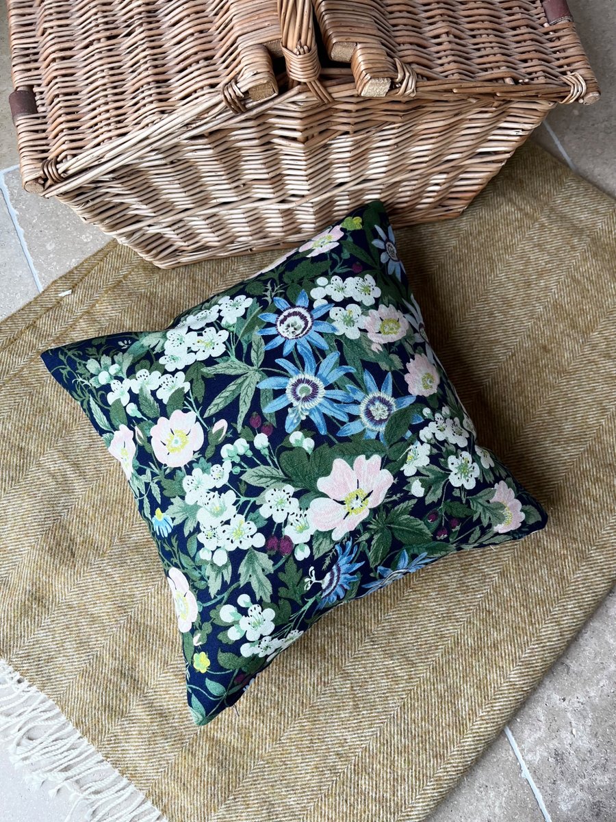 Vintage Belinda linen dark blue square cushion cover with striped back