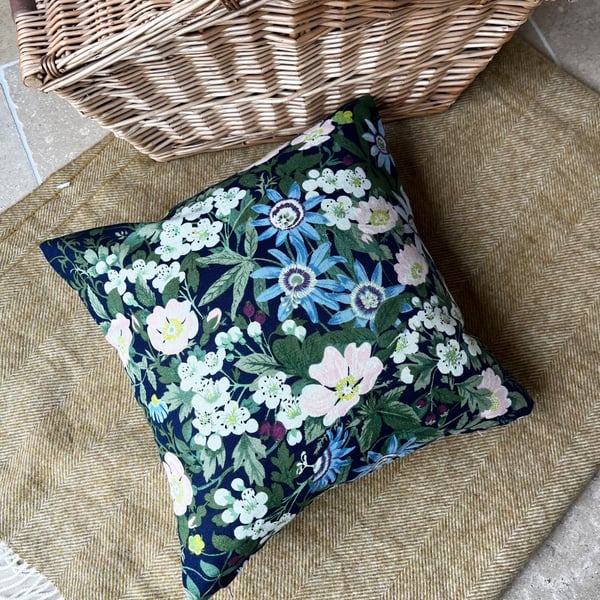 Vintage Belinda linen dark blue square cushion cover with striped back