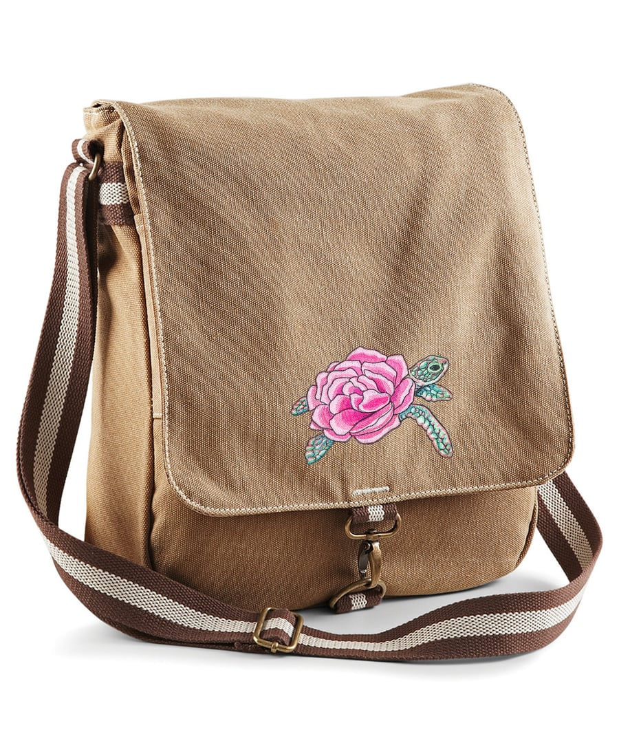 Floral Sea Turtle Embroidered Canvas Field Bag