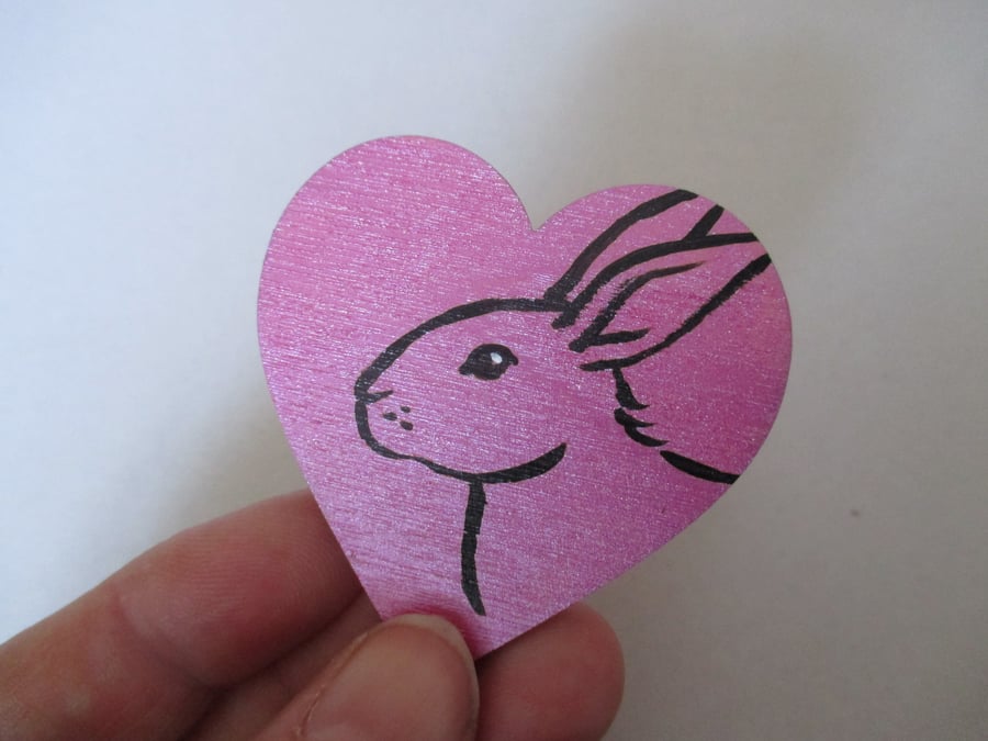Fridge Magnet Bunny Rabbit Love Heart  Original Painting Wooden Heart Pink