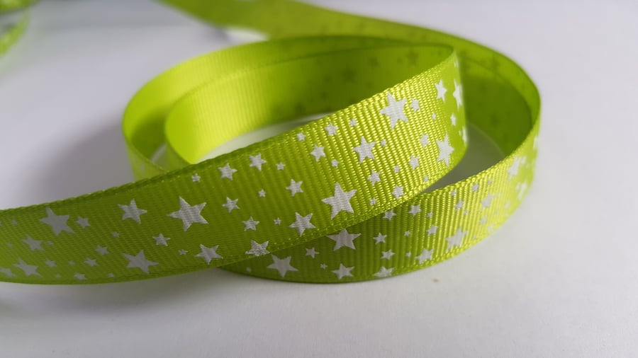 3m Printed Ribbon - Grosgrain - 16mm - Stars - Bright Green 