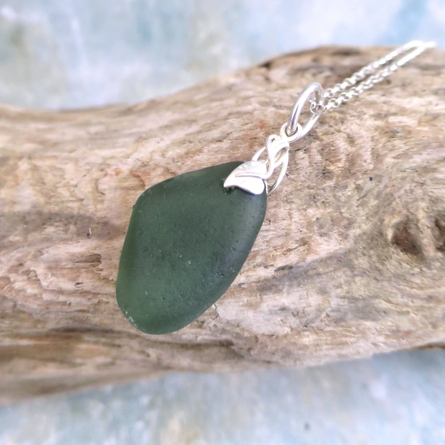 Green Sea Glass Necklace with Silver Leaf Detail, Handmade Coastal Pendant