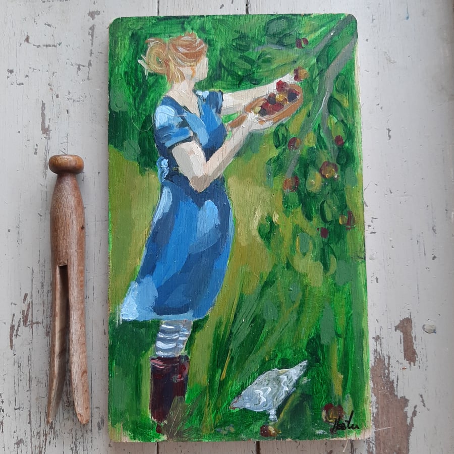 Original painting girl in garden with chicken 