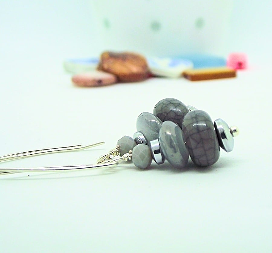 Grey glass and ceramic pebble earrings.