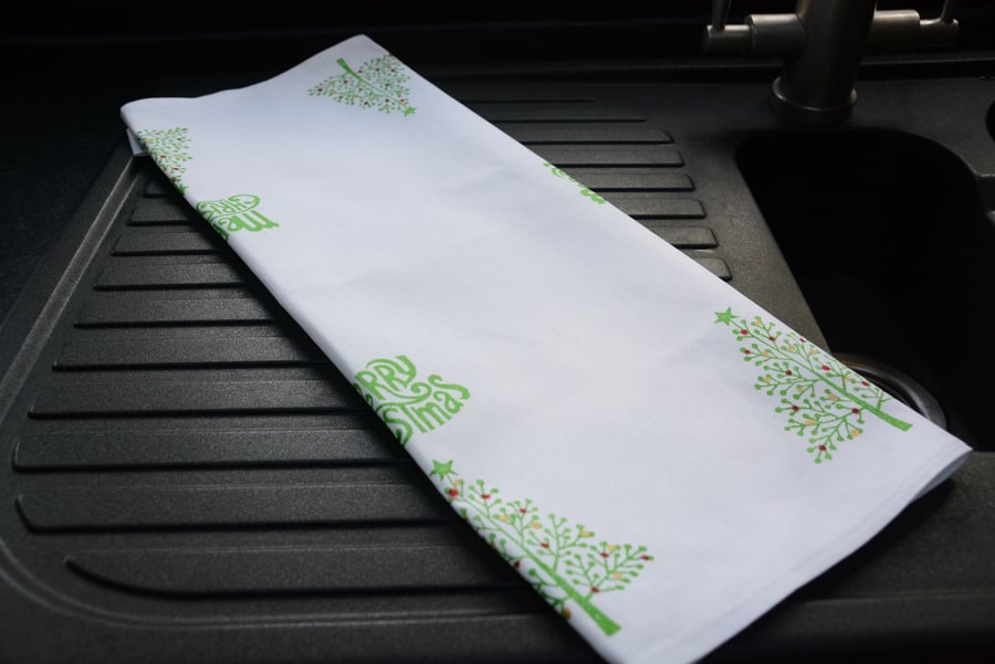 Christmas Tea Towel Hand Block Printed Tea Towel -Christmas Trees with baubles