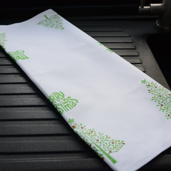 Christmas Tea Towel Hand Block Printed Tea Towel -Christmas Trees with baubles