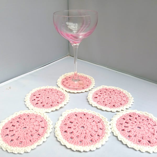 Coasters Crochet Set of 6 in Pink and White