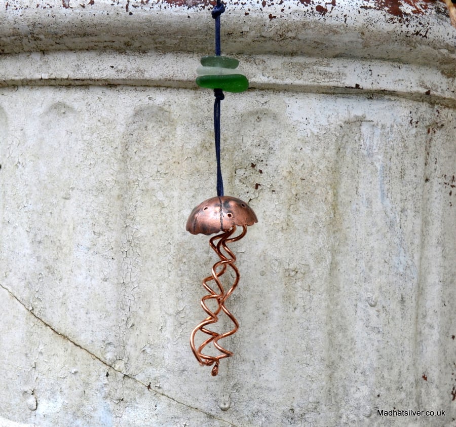 Copper and seaglass hanging jellyfish decoration