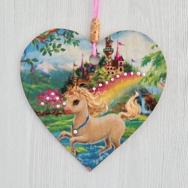 Decoupaged Wooden Hanging Heart 15cm (6 “) Unicorn Castle design