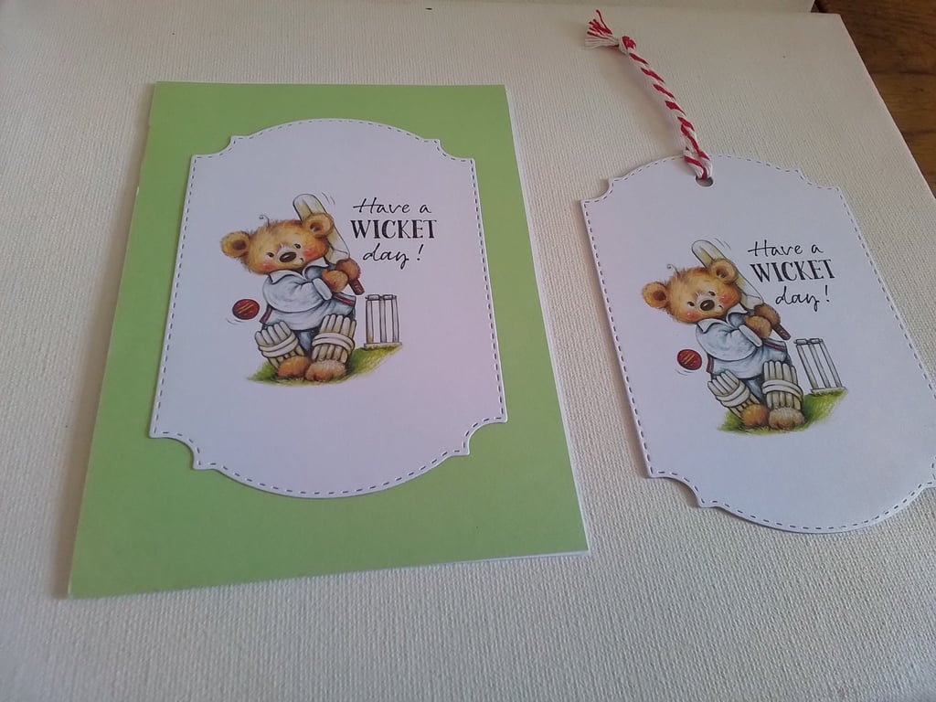 Card and gift tag set. Cricket. Sport.  Birthday card. Ref 433