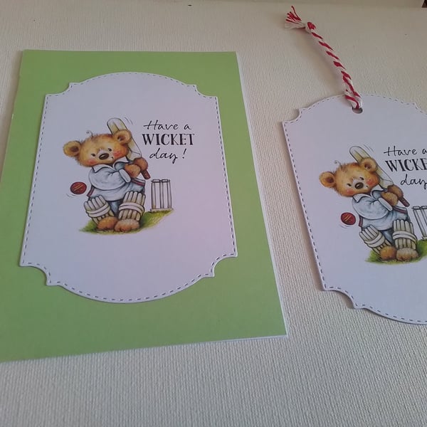 Card and gift tag set. Cricket. Sport.  Birthday card. Ref 433