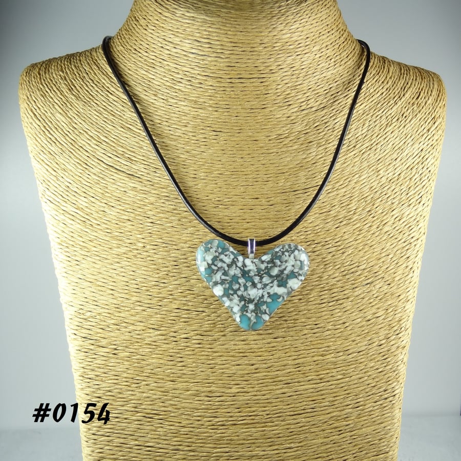 Turquoise handcrafted fused glass heart pendant on a black leather cord (0154)