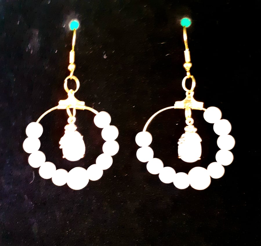 Elegant Gold Hoop Earrings with Faux Pearl Beads & Glass Crystal Charm