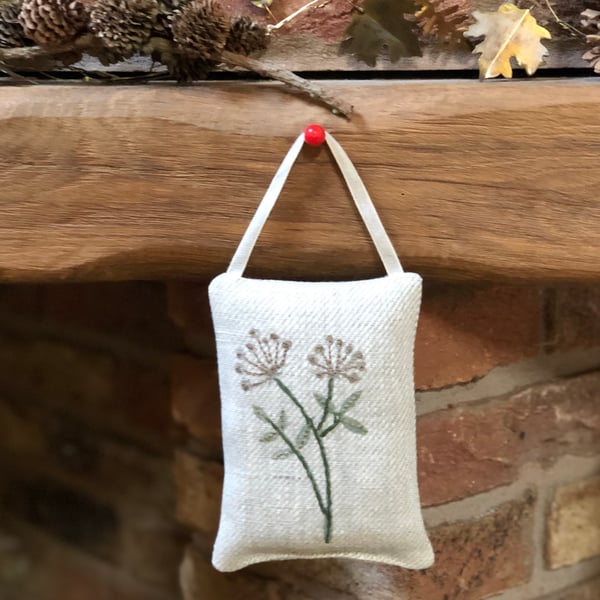 Hand  Emroidered Hanging Lavender Sachet- Cow Parsley