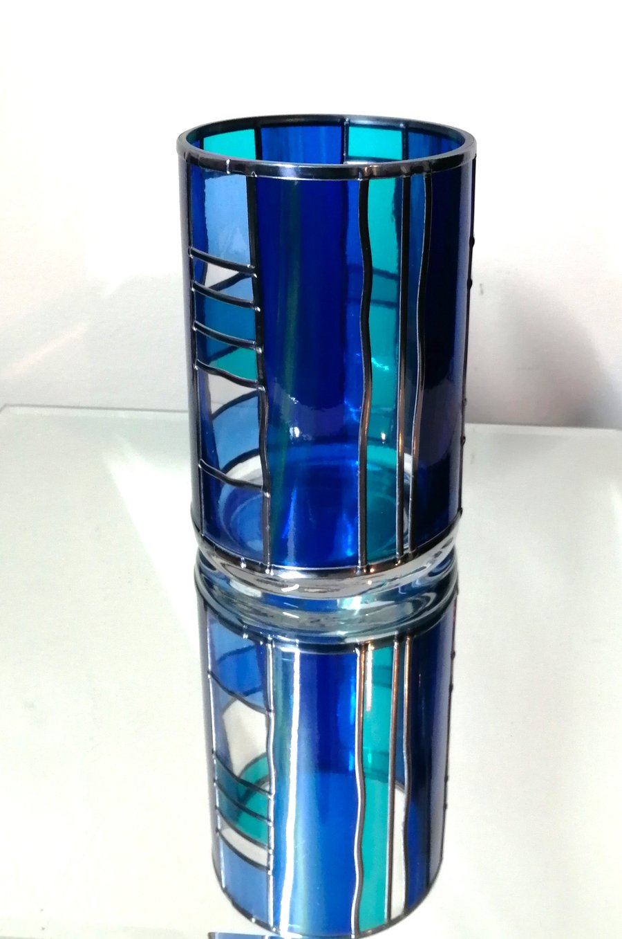 Shades of Teal Stained Glass Flower Vase