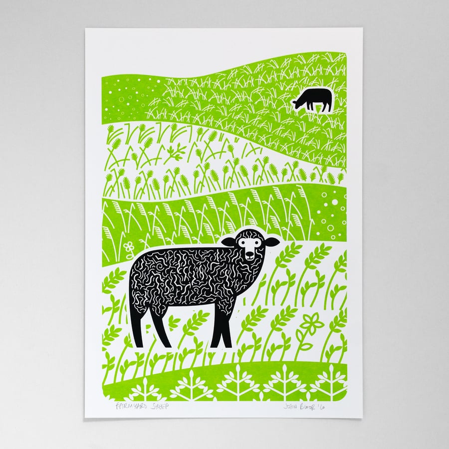 Farmyard Sheep hand pulled screen print