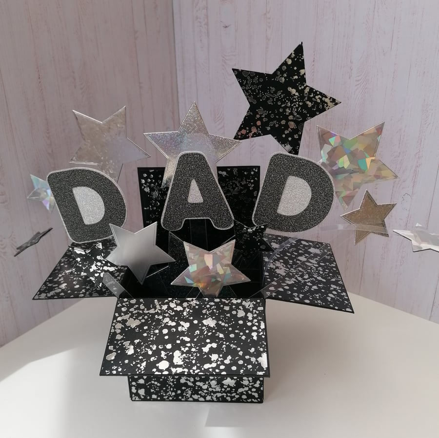 Silver and Black Pop Up Dad Star card. Father's Day, Birthday