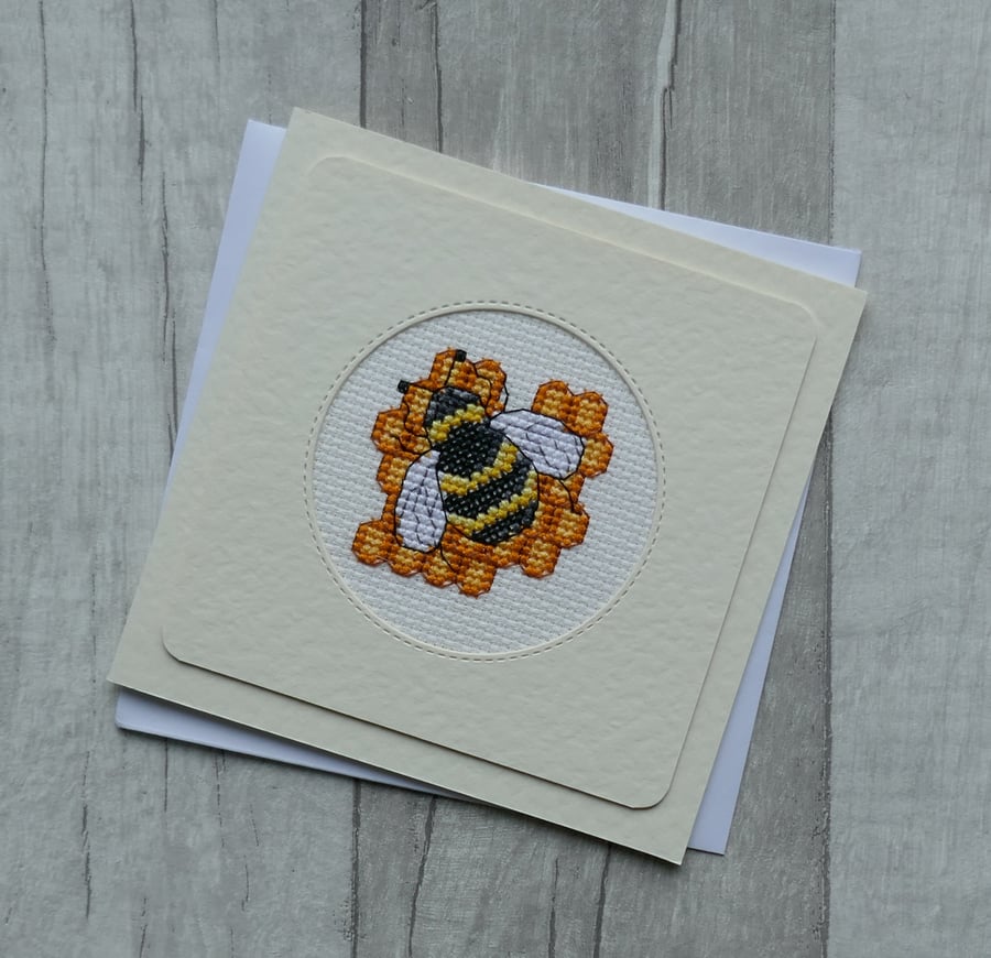 Cross Stitch Card with Bumble Bee and Honeycomb
