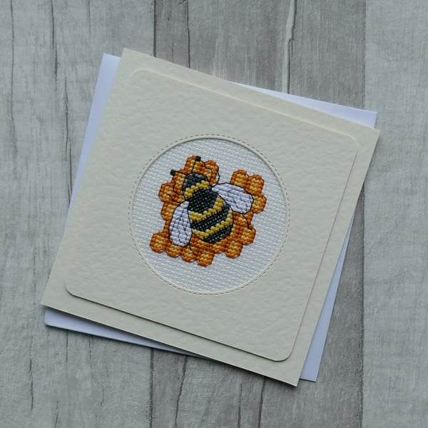 Cross Stitch Card with Bumble Bee and Honeycomb
