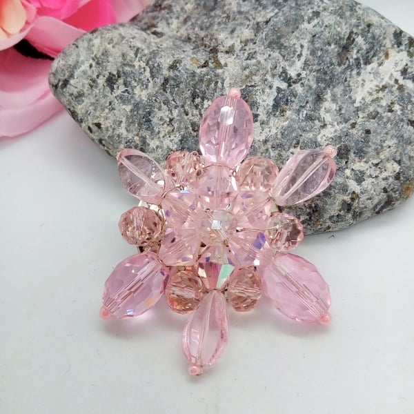 Ladies Pink Crystal Beaded Flower Brooch