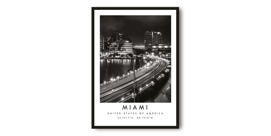 Miami Travel Print, Miami Poster, Black and White Print, Unique Wall Art, Coordi