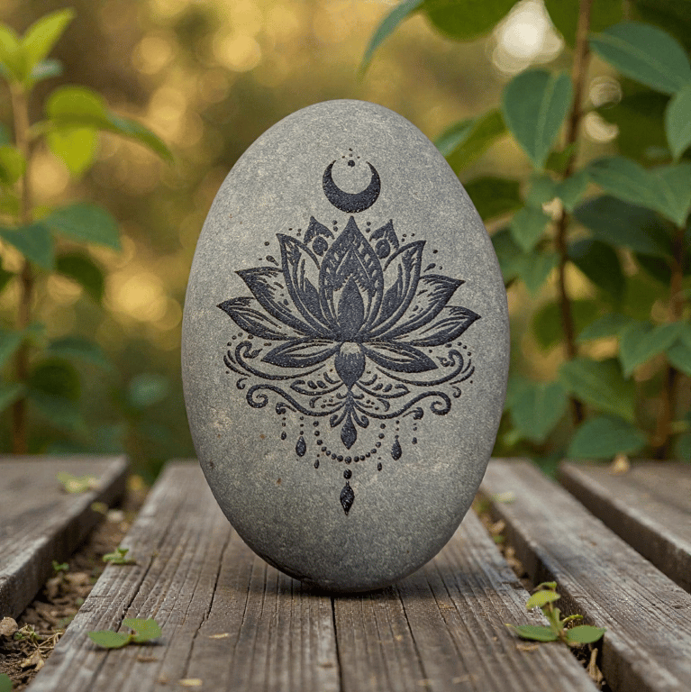 Lotus & Moon Engraved Stone – Personalised Back Engraving Available