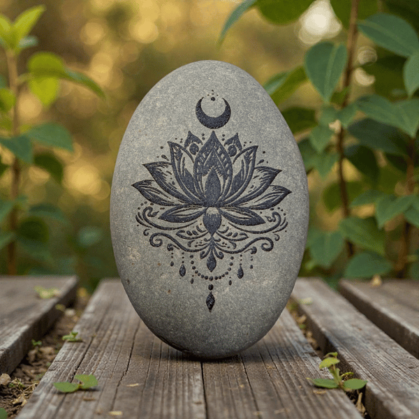 Lotus & Moon Engraved Stone – Personalised Back Engraving Available