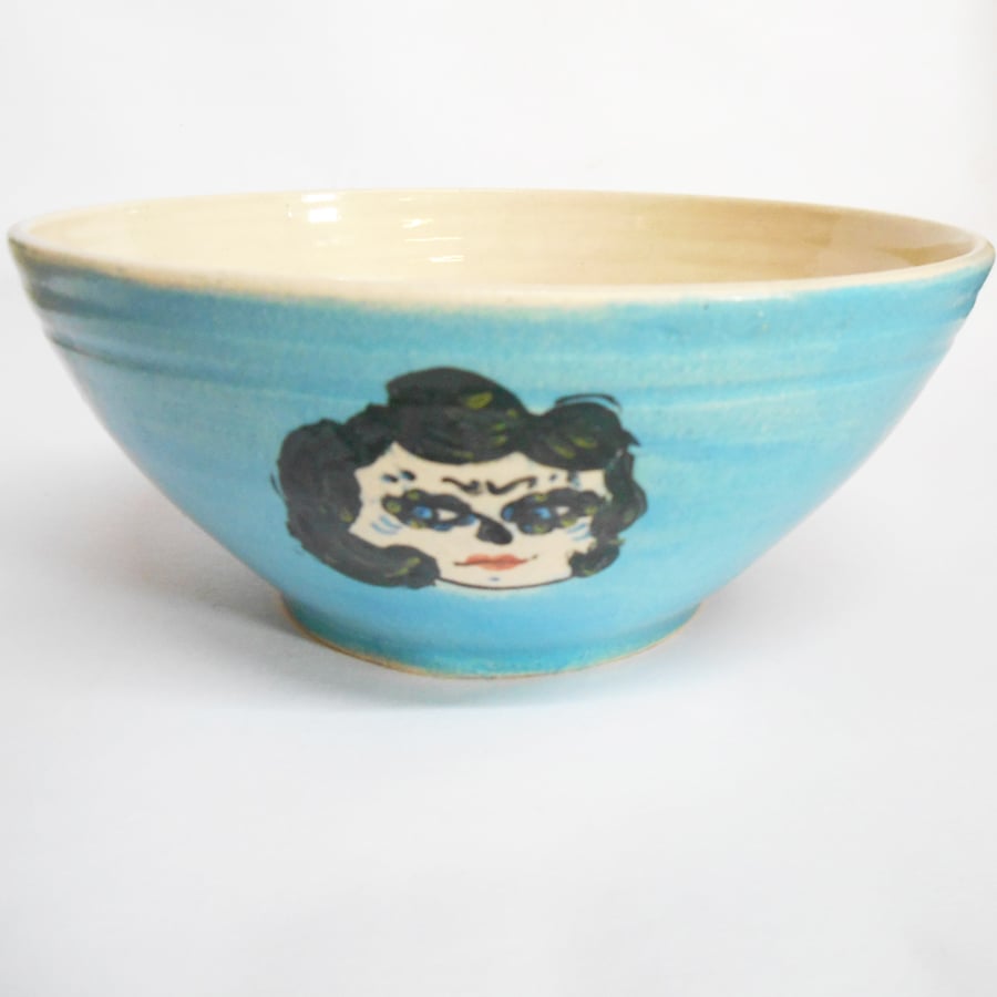 Bowl, Day of the Dead 4 heads Durable Stoneware Ceramic Blue glaze.