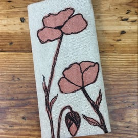 Glasses case - Red poppies embroidered linen fabric glasses case 