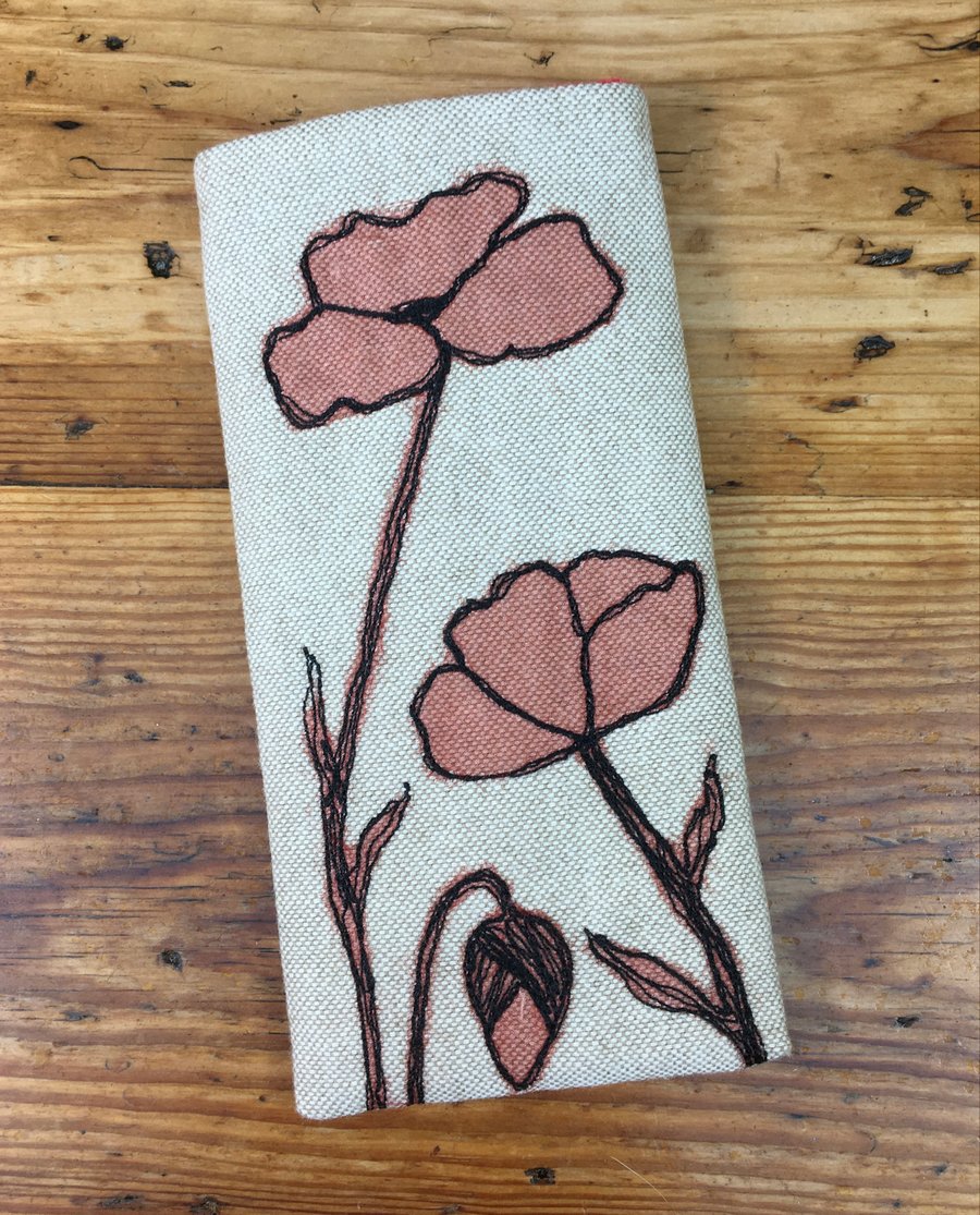 Red poppies embroidered linen glasses case 