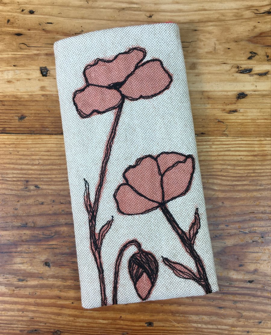 Glasses case - Red poppies embroidered linen fabric glasses case - soft sleeve