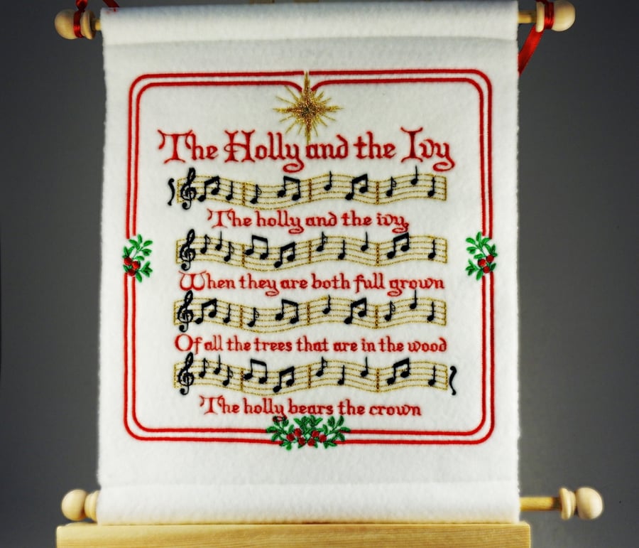 The Holly and the Ivy. Hand Crafted, Embroidered Christmas Carol Wall Hanger