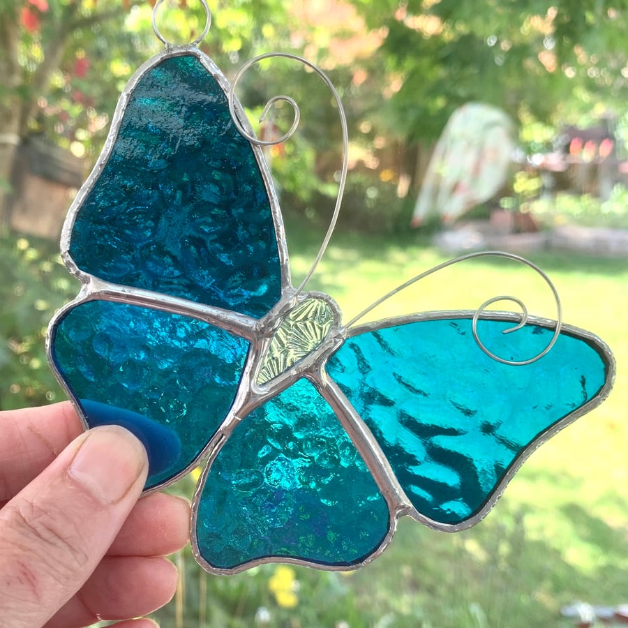 Stained Glass Butterfly Suncatcher - Handmade Decoration - Turquoise