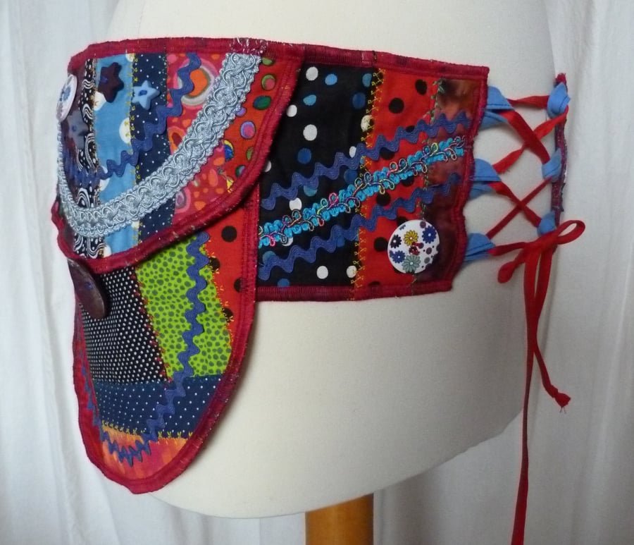 Festival Belt Purse Bum Bag in Crazy Patchwork with 3 Pockets and Waist Ties.