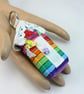 Beach hut keyring  (rainbow stripe with bunting)  - Image 2