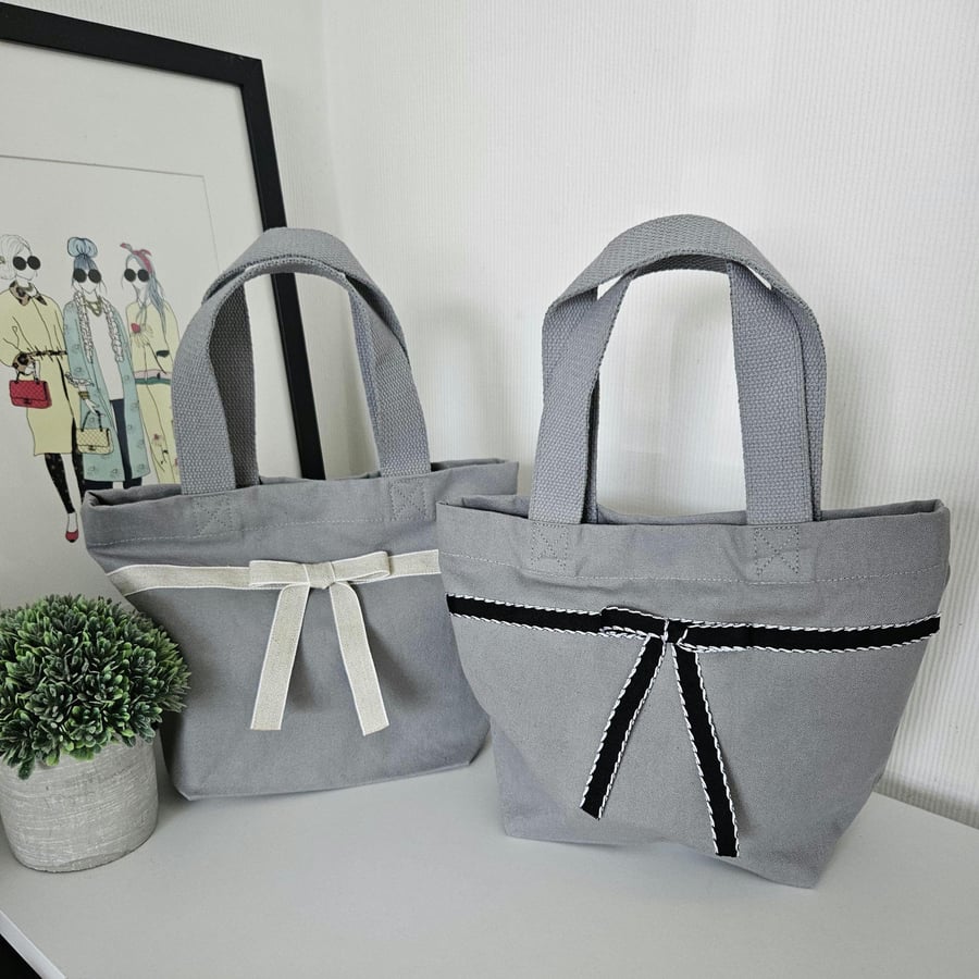Organic Cotton Mini Tote Bag: Grey Ribbon Bow Detail