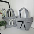 Organic Cotton Mini Tote Bag: Grey Ribbon Bow Detail