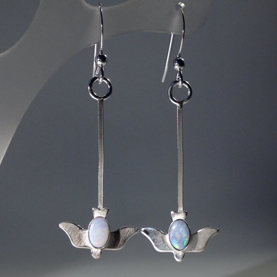 Silver and Opal bird earrings