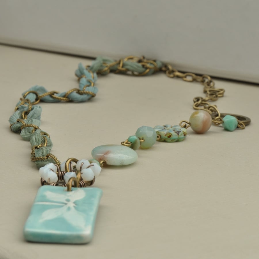 Fly Away Ceramic, Ribbon & Czech Bead Necklace