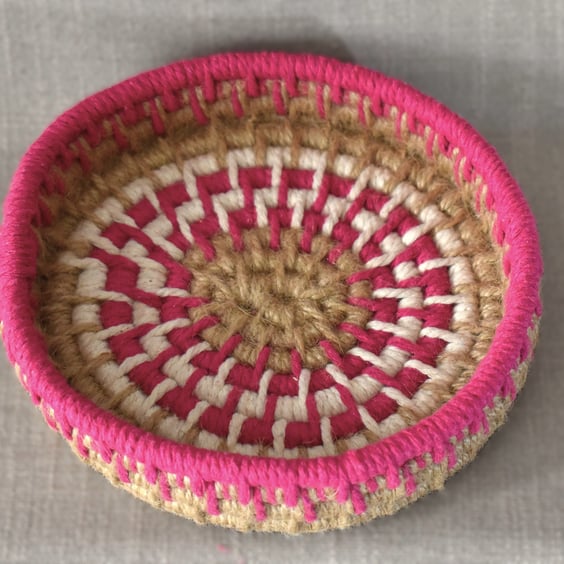 Pink & Jute Macrame Coiled Basket Small Storage Catch All Basket